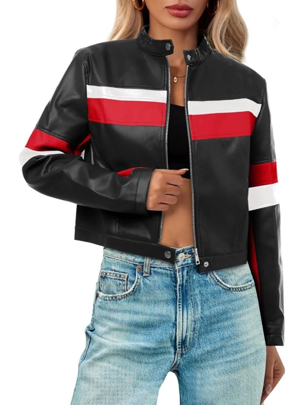〽️Women’s Black Cropped Faux Leather Moto Biker Jacket Racing Style
